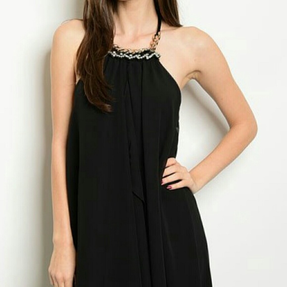 High Lo Tie Neck Embellished Halter Backless Dress - Picture 4 of 6